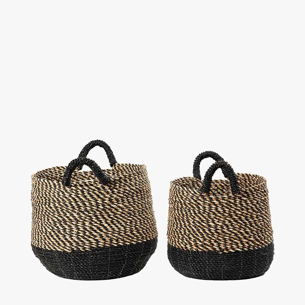 Set of 2 Seagrass Natural & Black Round Handled Baskets